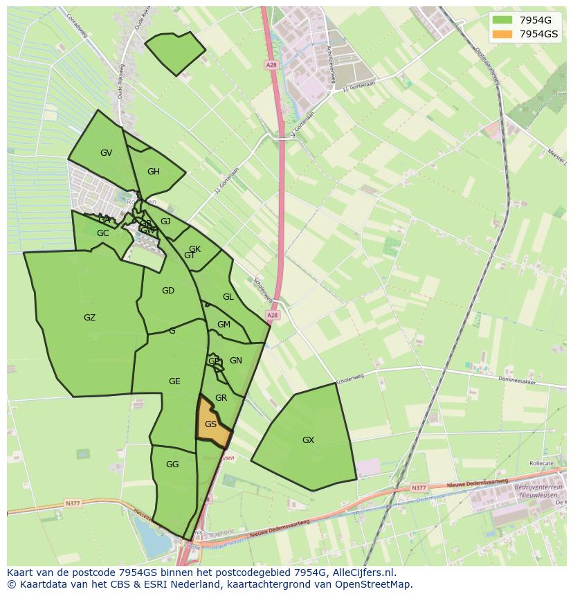 Afbeelding van het postcodegebied 7954 GS op de kaart.
