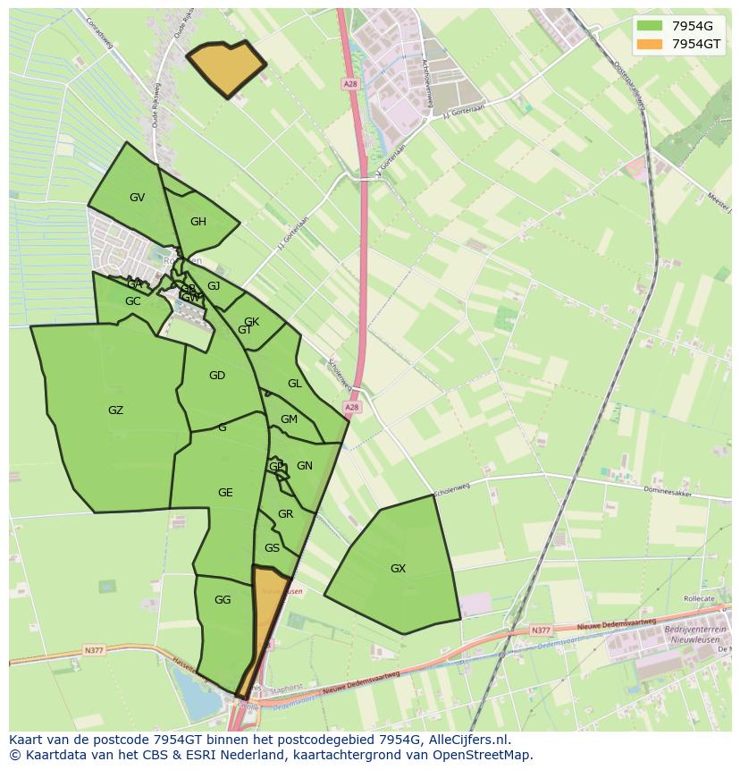 Afbeelding van het postcodegebied 7954 GT op de kaart.