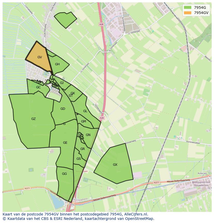 Afbeelding van het postcodegebied 7954 GV op de kaart.