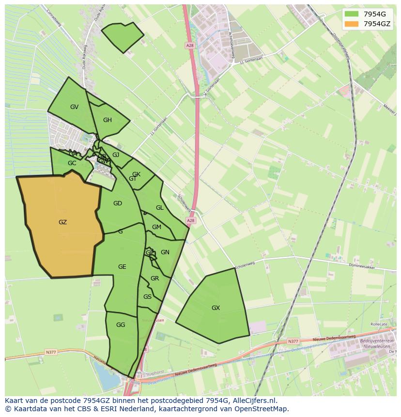 Afbeelding van het postcodegebied 7954 GZ op de kaart.