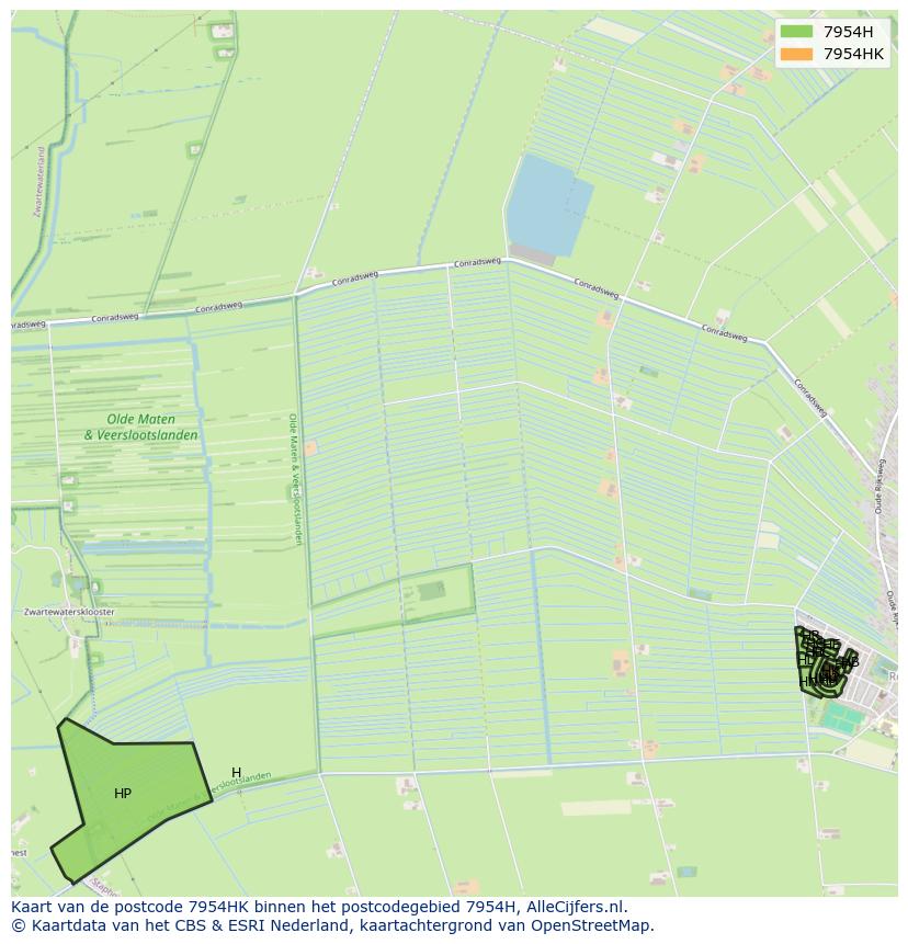 Afbeelding van het postcodegebied 7954 HK op de kaart.