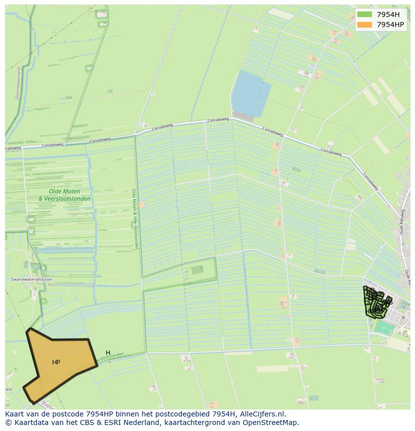 Afbeelding van het postcodegebied 7954 HP op de kaart.