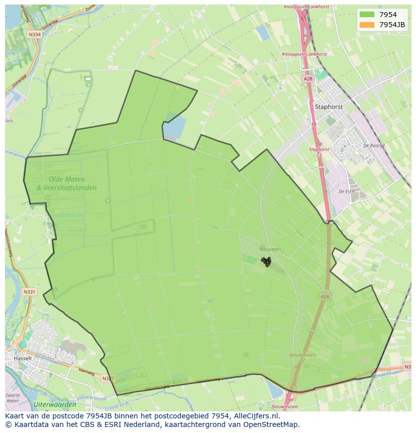 Afbeelding van het postcodegebied 7954 JB op de kaart.
