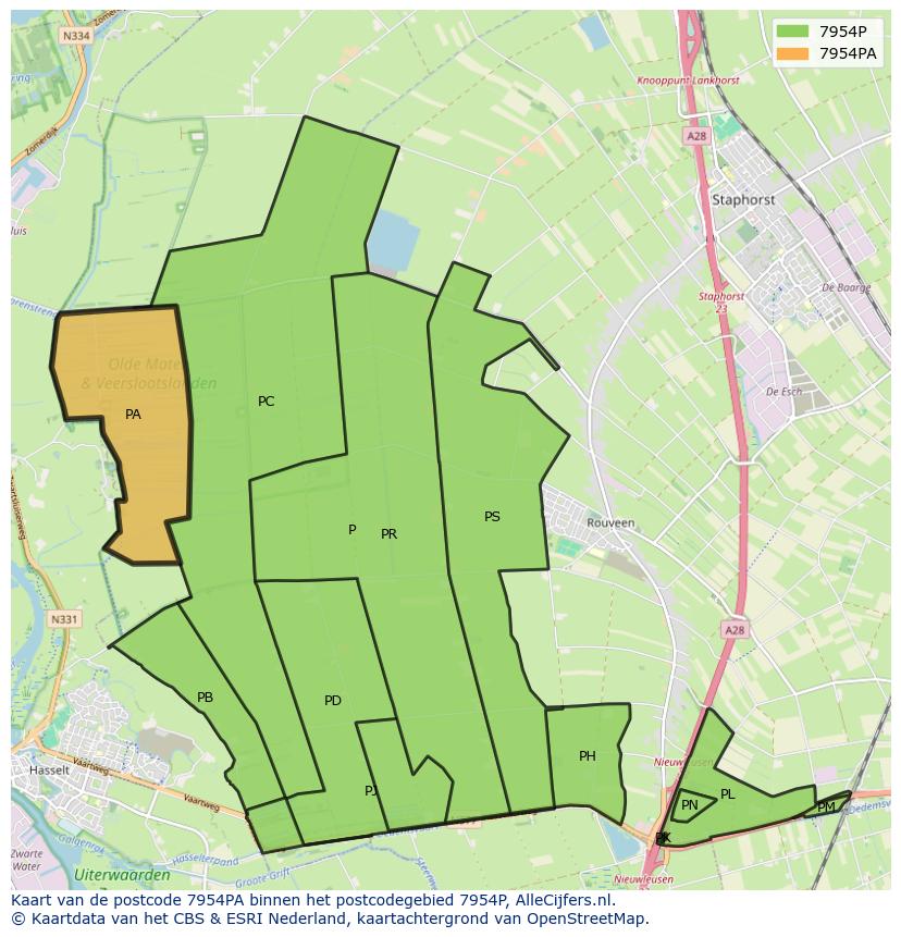 Afbeelding van het postcodegebied 7954 PA op de kaart.