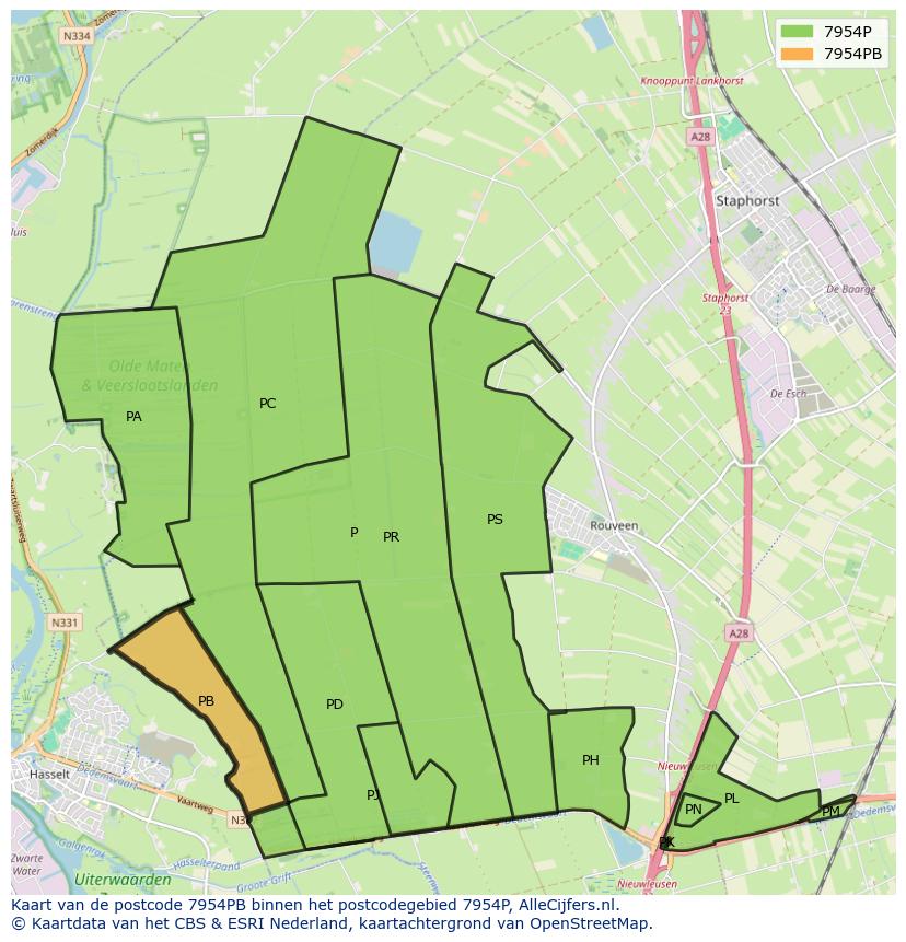 Afbeelding van het postcodegebied 7954 PB op de kaart.