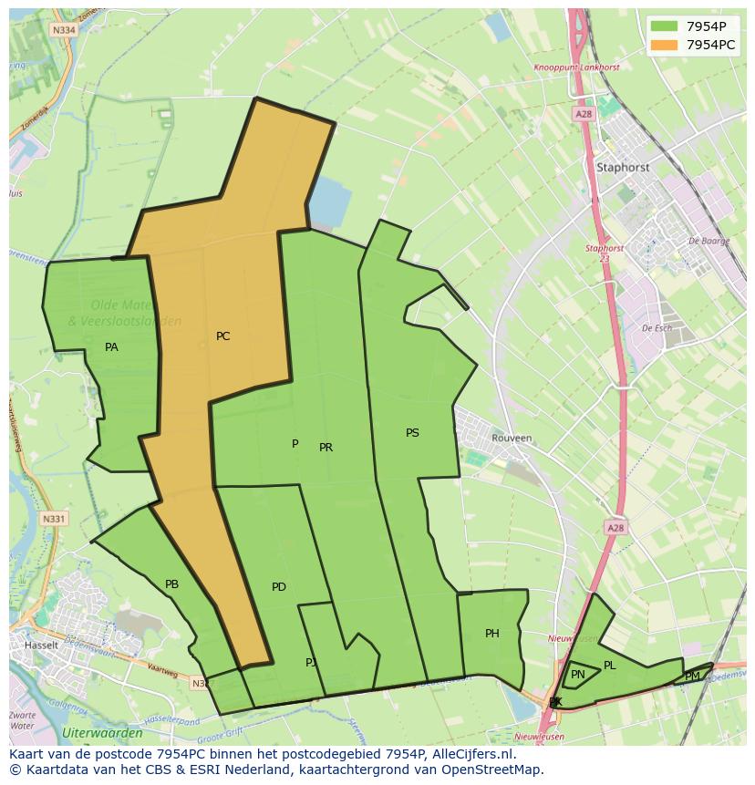 Afbeelding van het postcodegebied 7954 PC op de kaart.