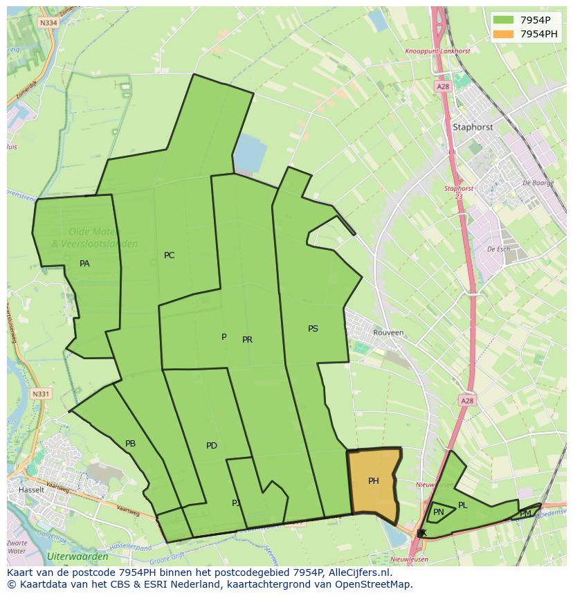 Afbeelding van het postcodegebied 7954 PH op de kaart.