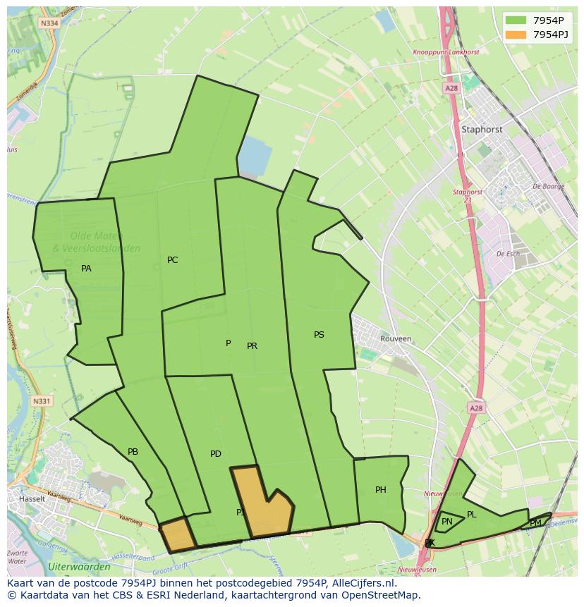 Afbeelding van het postcodegebied 7954 PJ op de kaart.
