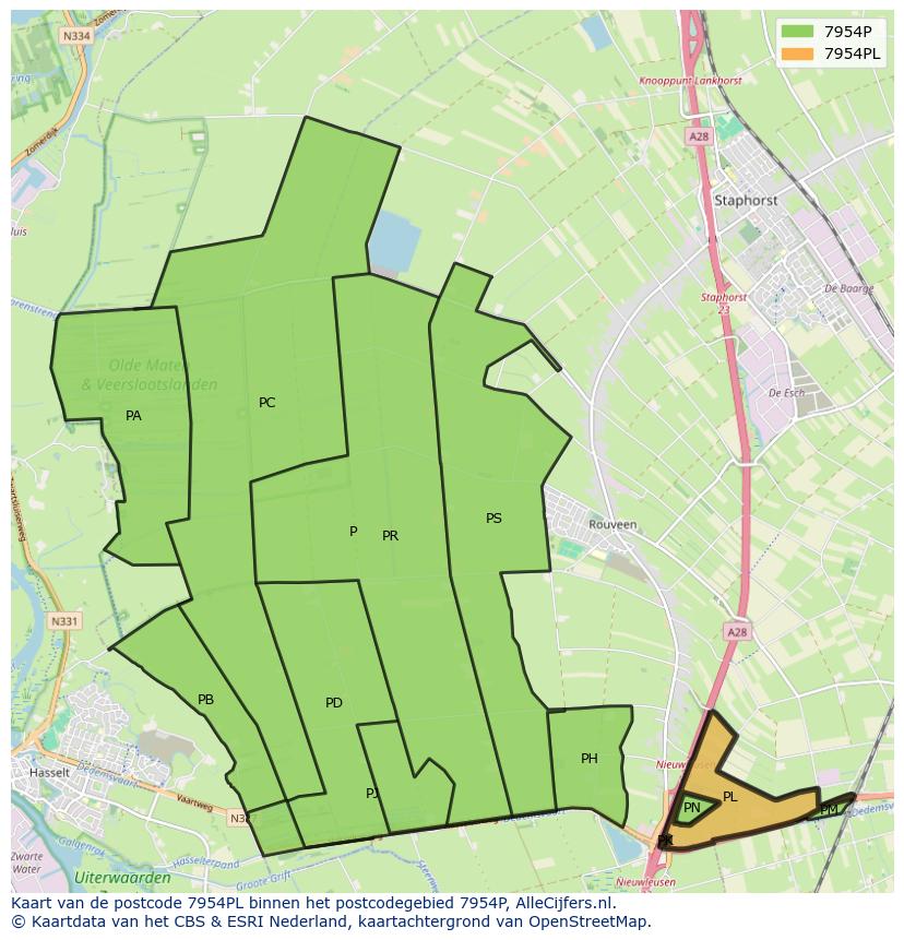 Afbeelding van het postcodegebied 7954 PL op de kaart.