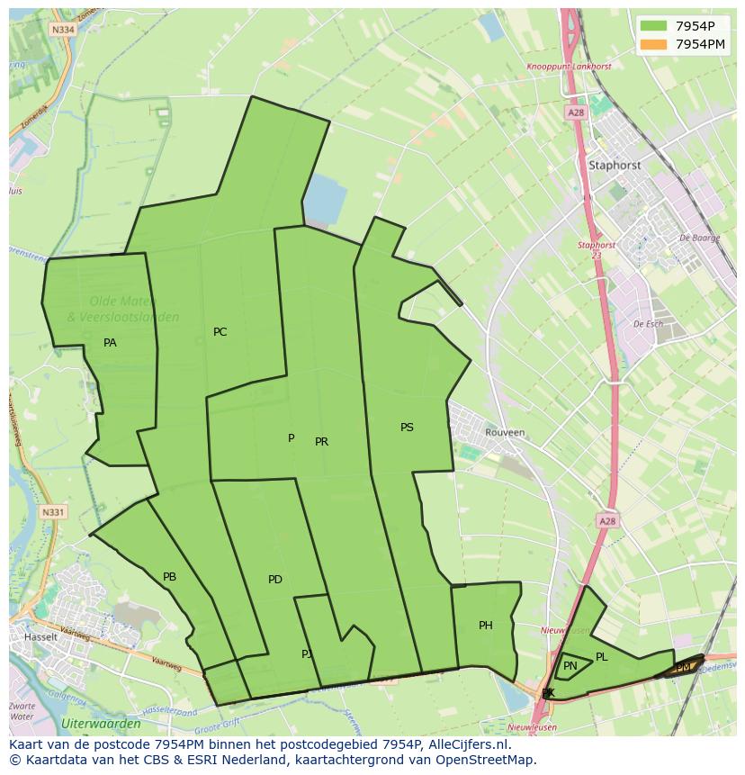 Afbeelding van het postcodegebied 7954 PM op de kaart.