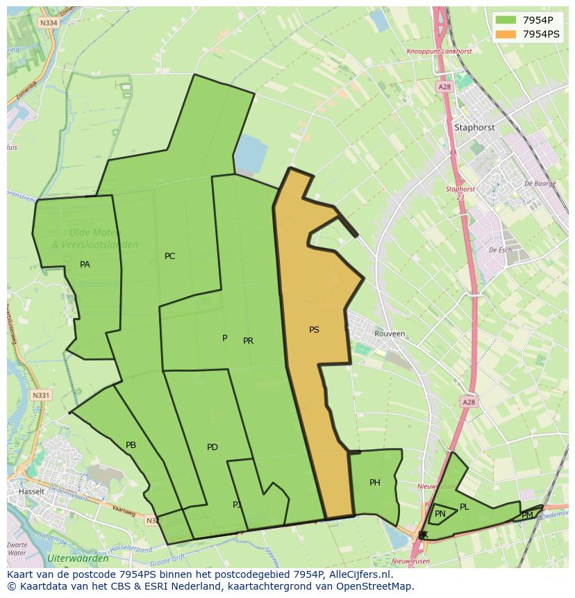 Afbeelding van het postcodegebied 7954 PS op de kaart.