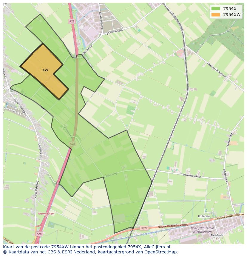 Afbeelding van het postcodegebied 7954 XW op de kaart.