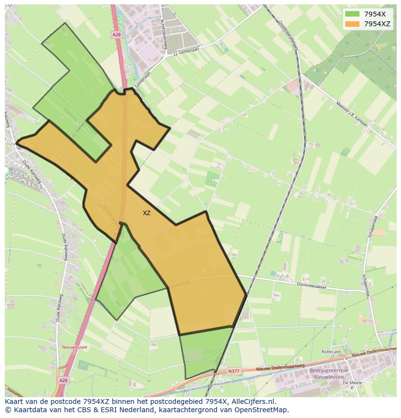 Afbeelding van het postcodegebied 7954 XZ op de kaart.