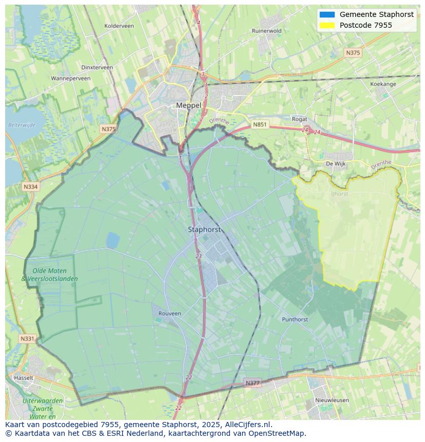 Afbeelding van het postcodegebied 7955 op de kaart.