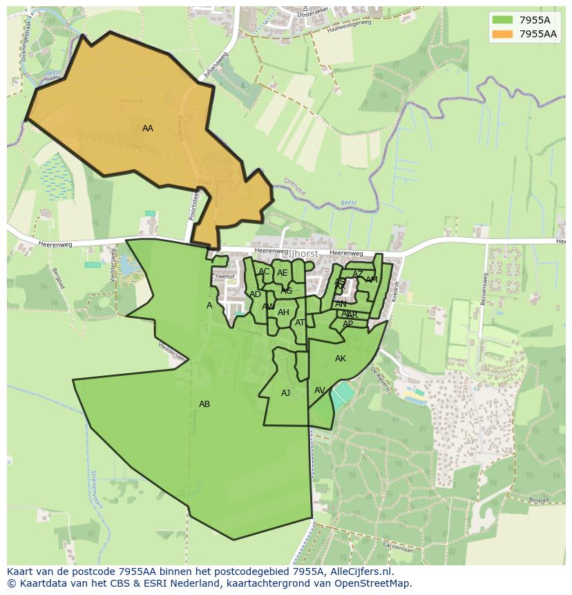 Afbeelding van het postcodegebied 7955 AA op de kaart.