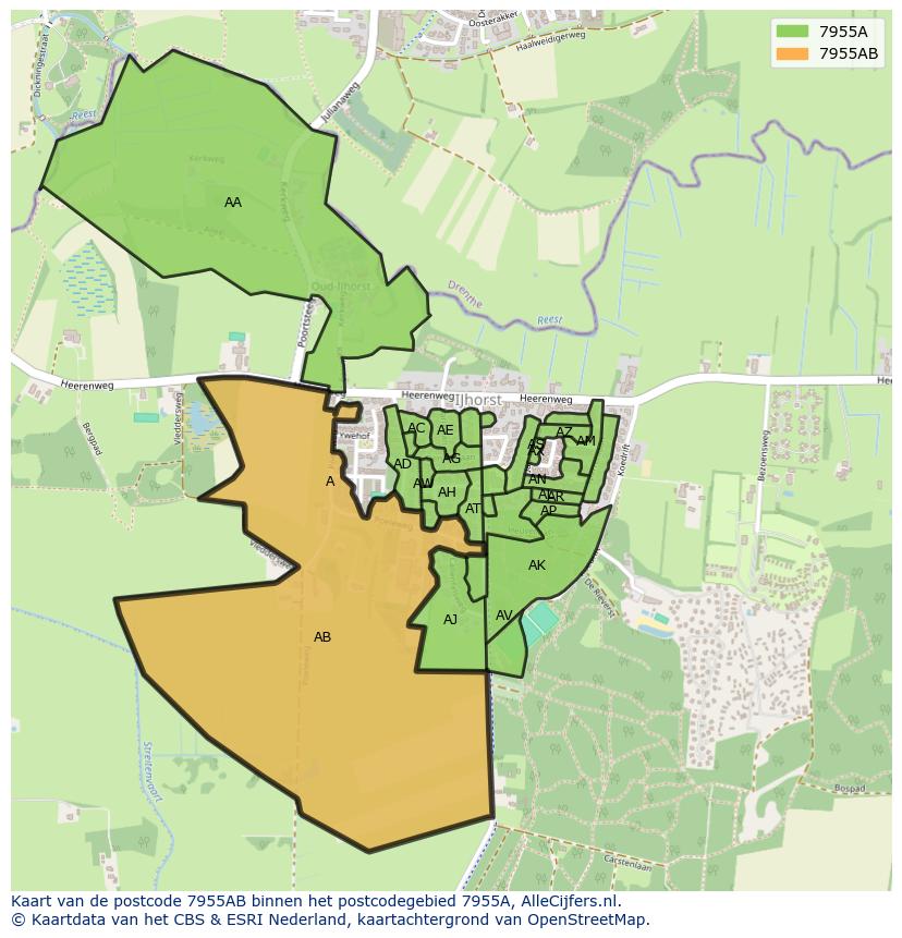 Afbeelding van het postcodegebied 7955 AB op de kaart.