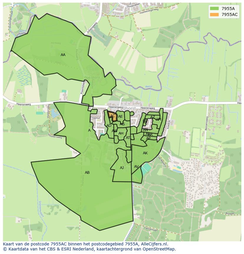 Afbeelding van het postcodegebied 7955 AC op de kaart.