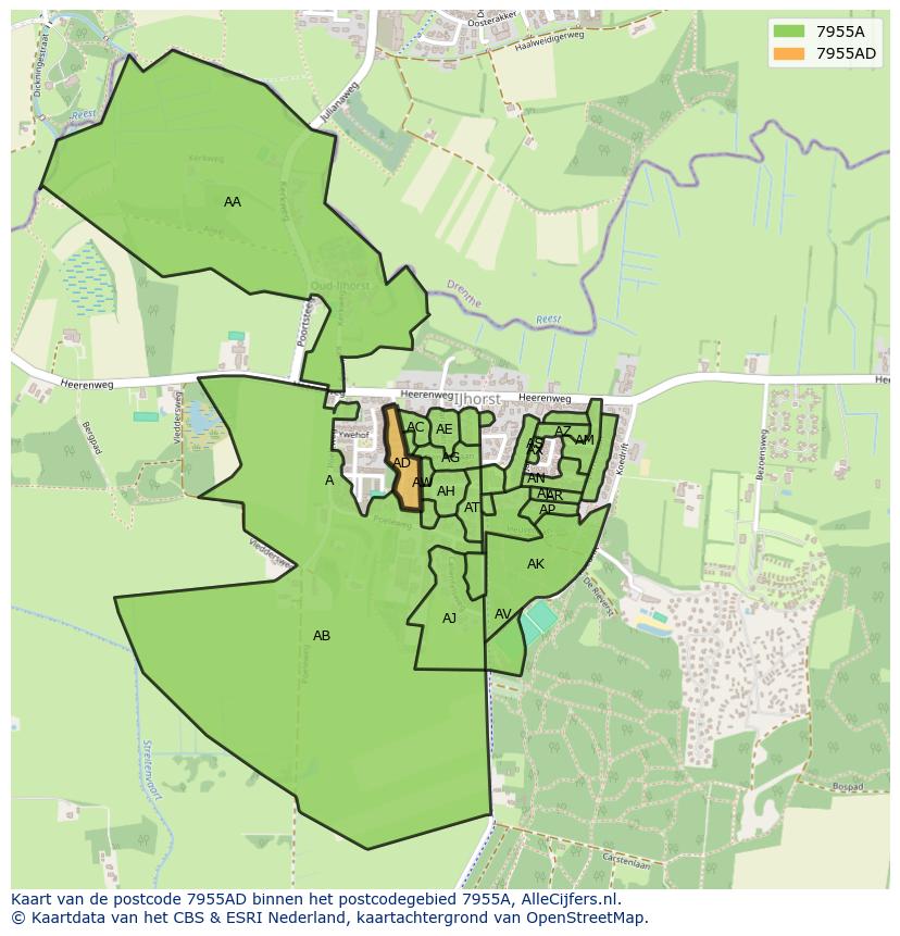 Afbeelding van het postcodegebied 7955 AD op de kaart.