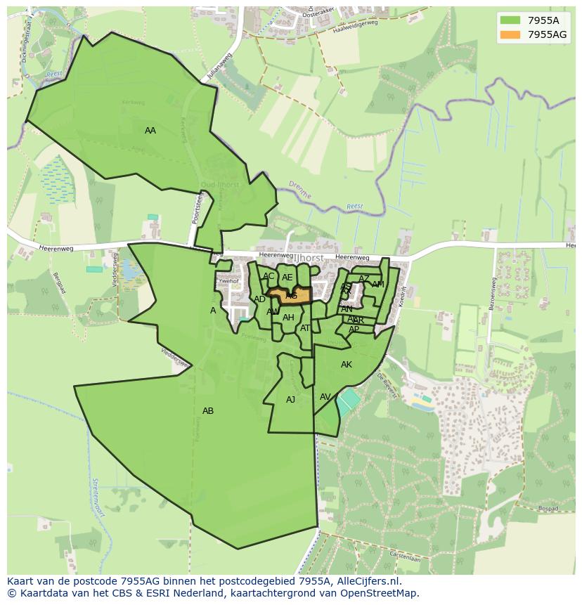 Afbeelding van het postcodegebied 7955 AG op de kaart.