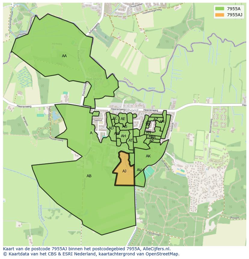 Afbeelding van het postcodegebied 7955 AJ op de kaart.