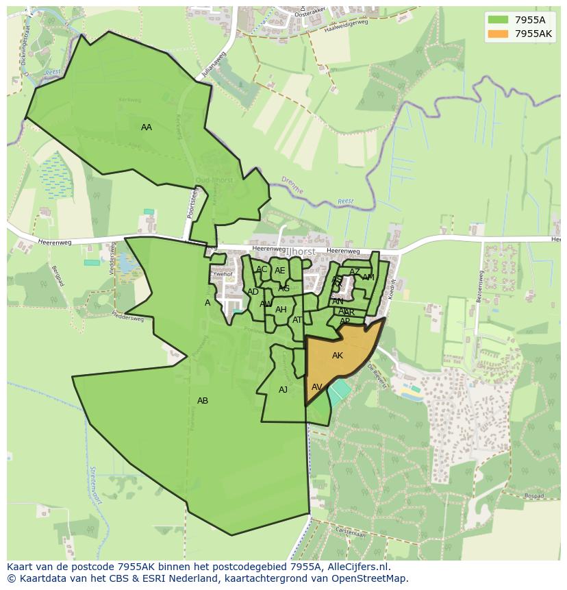 Afbeelding van het postcodegebied 7955 AK op de kaart.