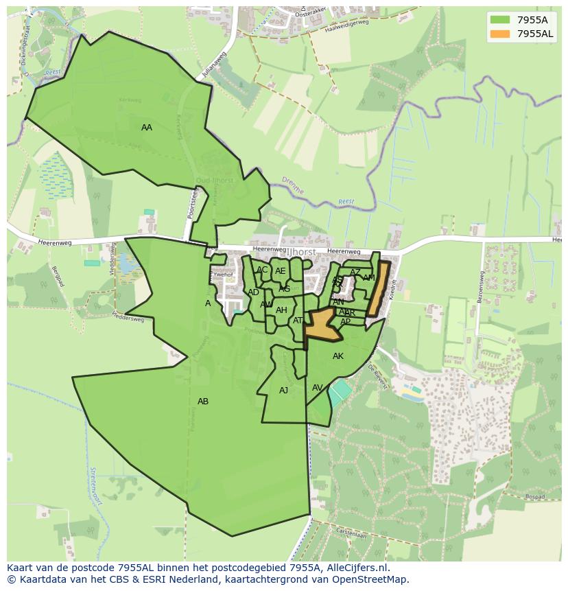 Afbeelding van het postcodegebied 7955 AL op de kaart.