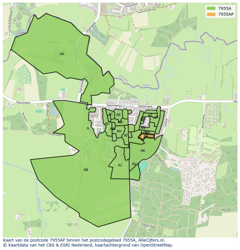 Afbeelding van het postcodegebied 7955 AP op de kaart.
