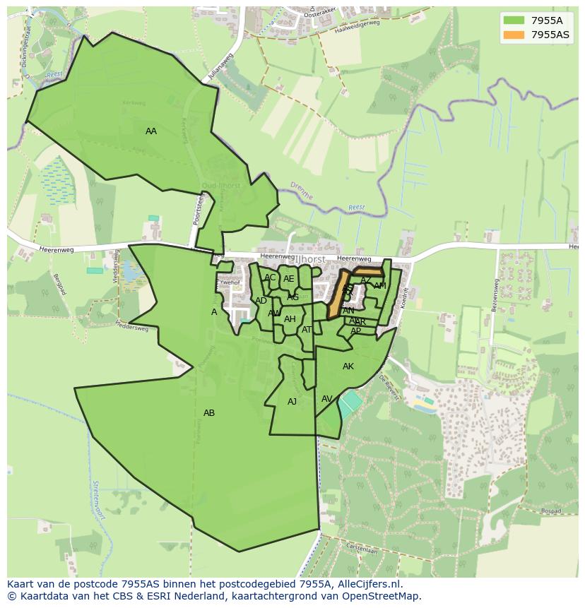 Afbeelding van het postcodegebied 7955 AS op de kaart.