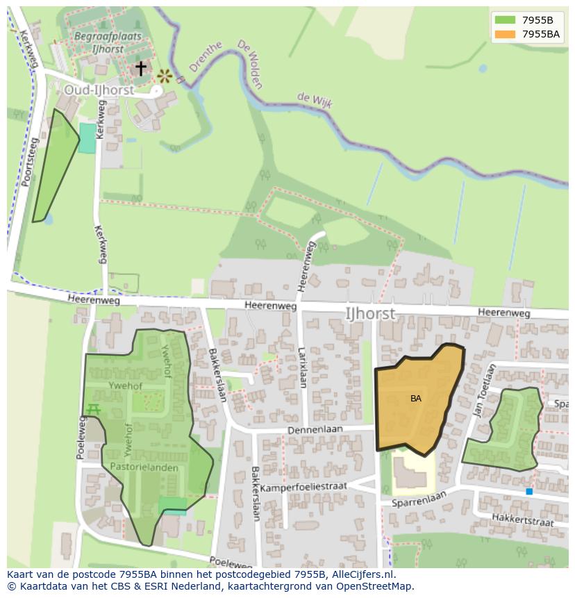 Afbeelding van het postcodegebied 7955 BA op de kaart.