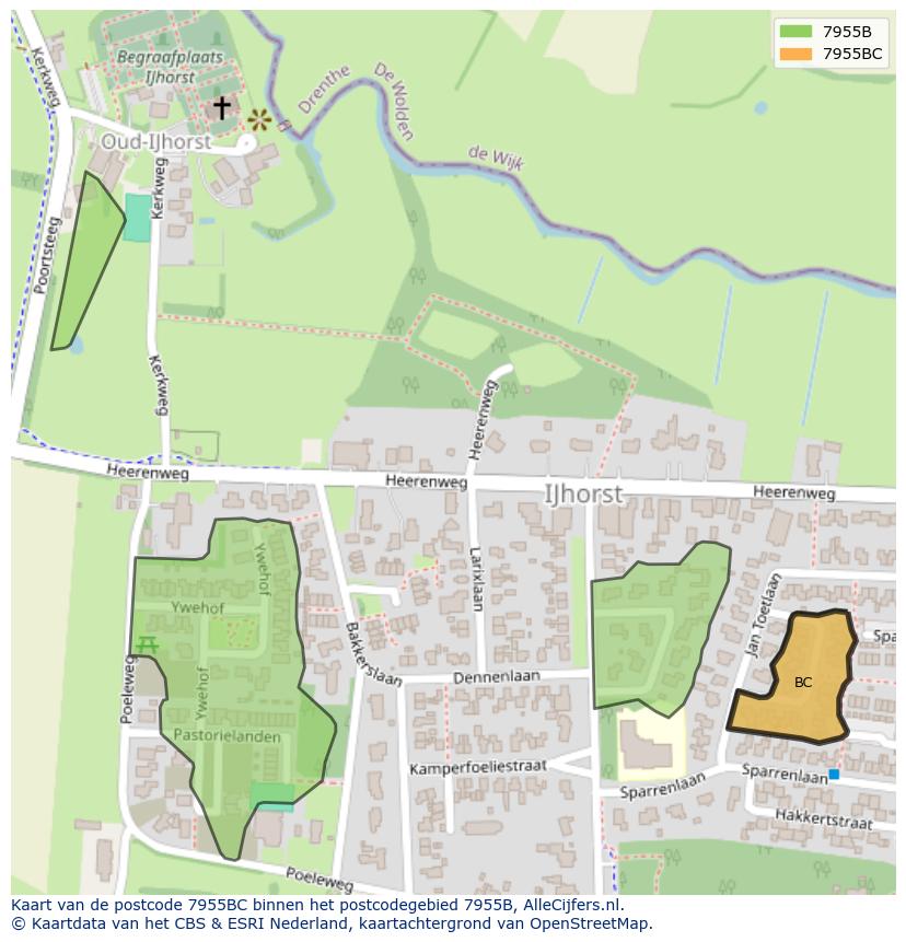 Afbeelding van het postcodegebied 7955 BC op de kaart.