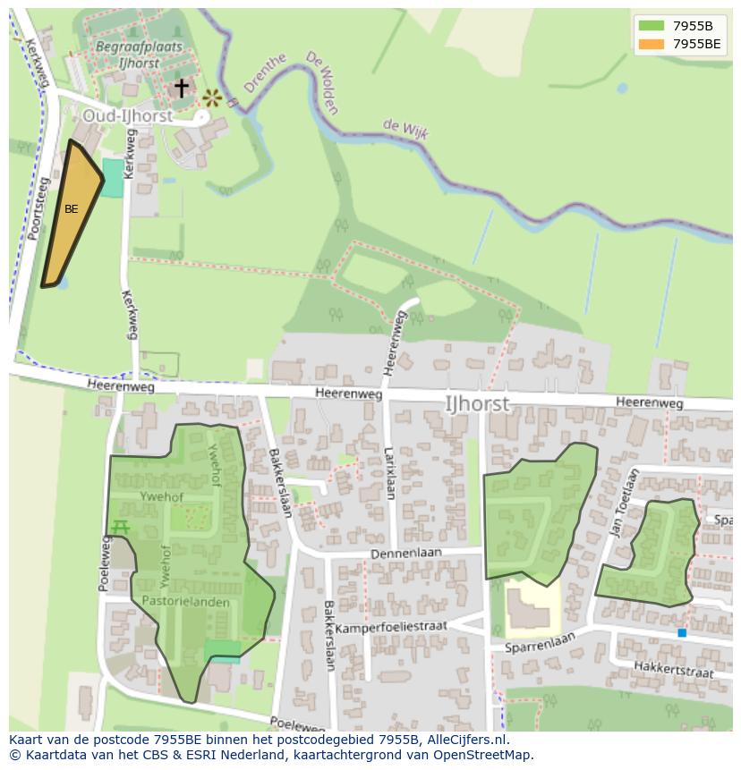 Afbeelding van het postcodegebied 7955 BE op de kaart.