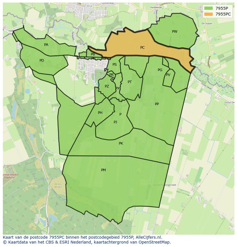 Afbeelding van het postcodegebied 7955 PC op de kaart.