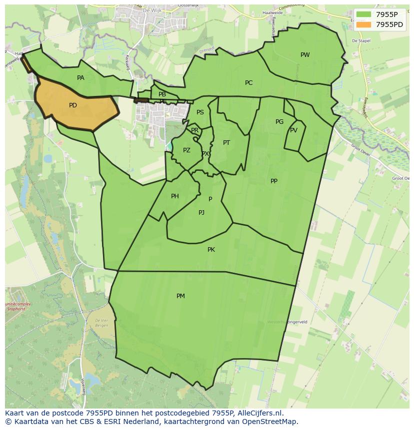 Afbeelding van het postcodegebied 7955 PD op de kaart.