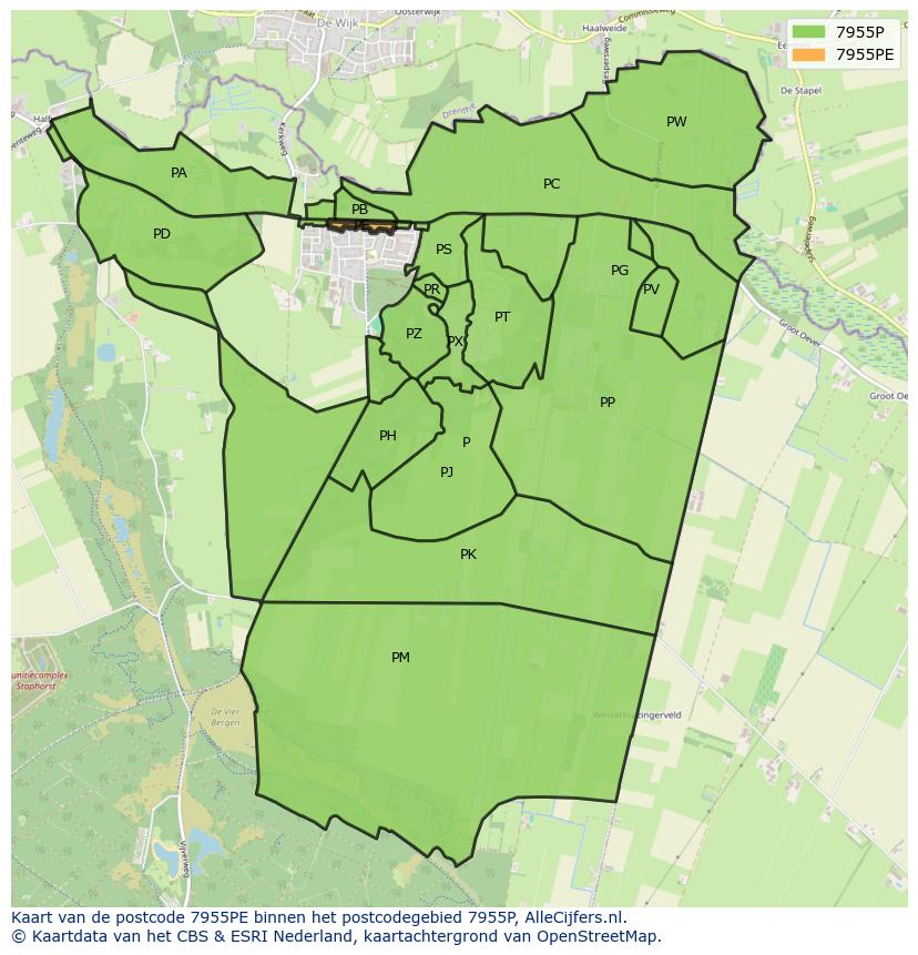 Afbeelding van het postcodegebied 7955 PE op de kaart.
