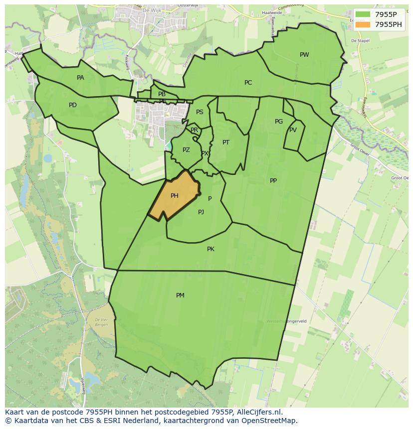Afbeelding van het postcodegebied 7955 PH op de kaart.