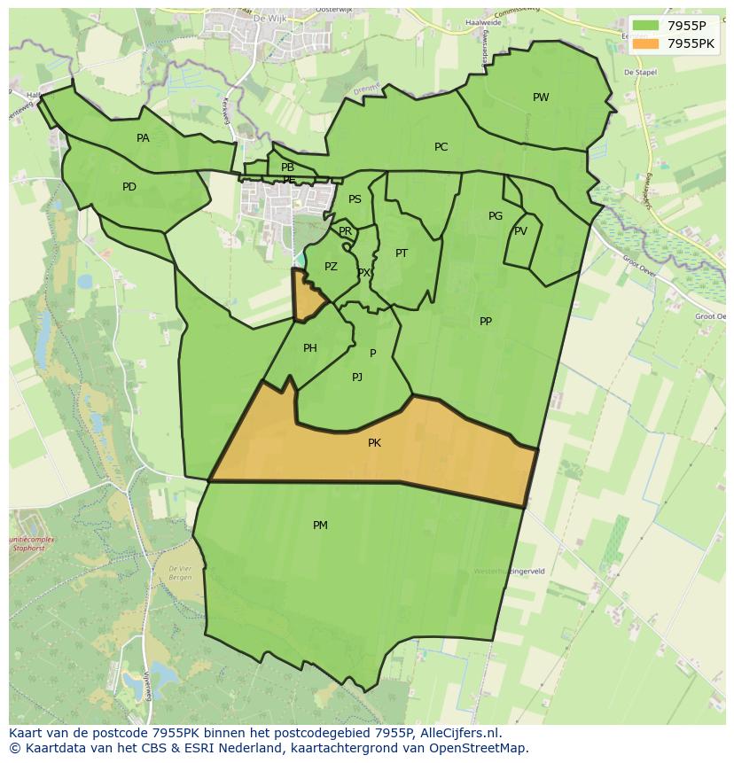 Afbeelding van het postcodegebied 7955 PK op de kaart.