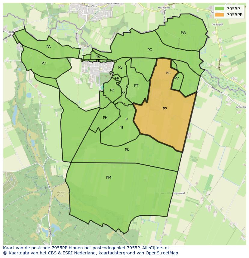 Afbeelding van het postcodegebied 7955 PP op de kaart.
