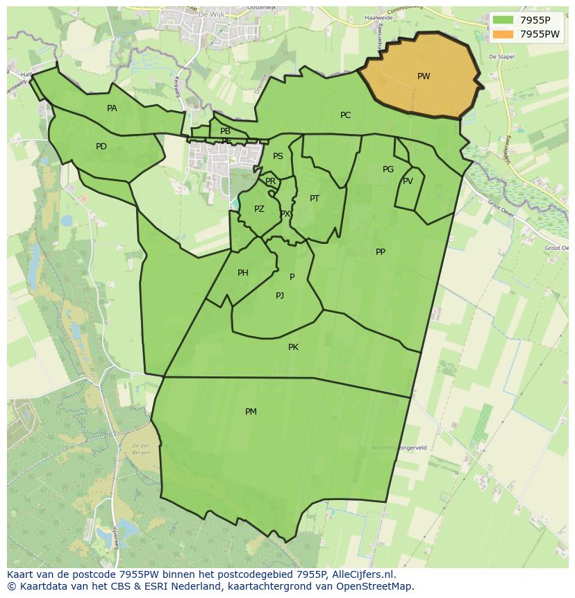Afbeelding van het postcodegebied 7955 PW op de kaart.