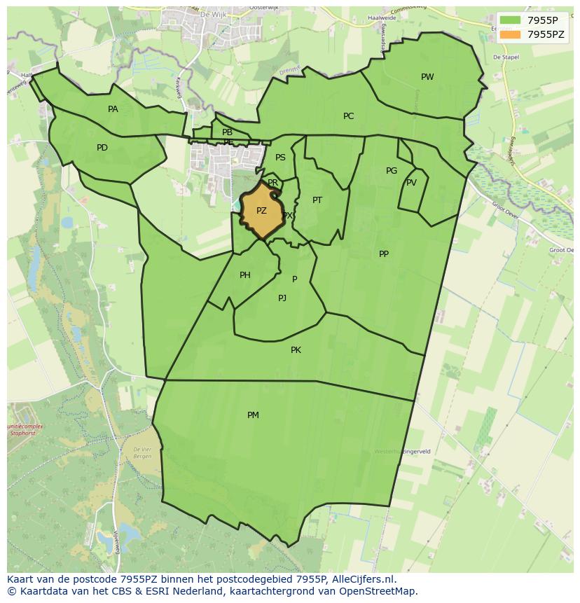 Afbeelding van het postcodegebied 7955 PZ op de kaart.