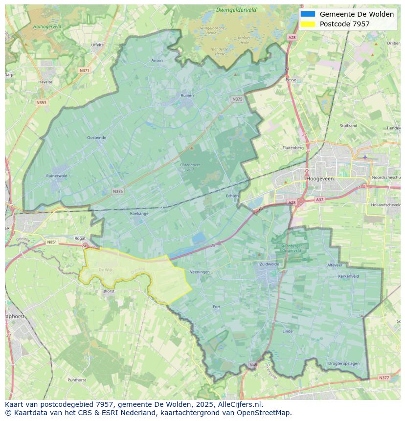 Afbeelding van het postcodegebied 7957 op de kaart.