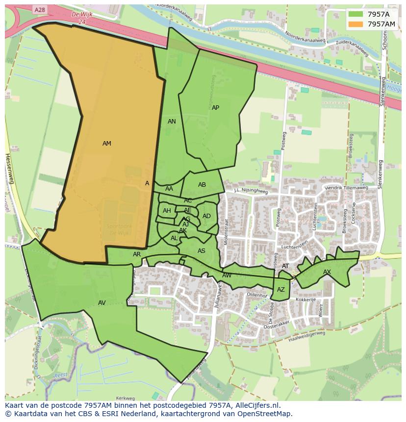 Afbeelding van het postcodegebied 7957 AM op de kaart.