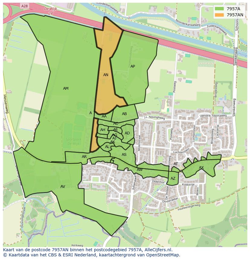 Afbeelding van het postcodegebied 7957 AN op de kaart.