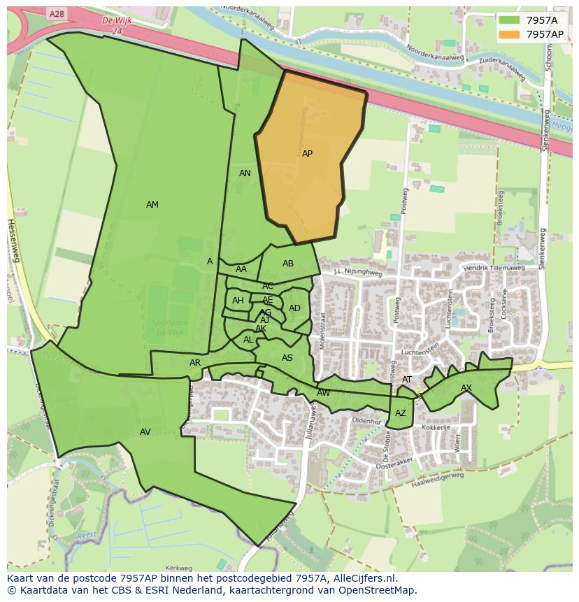 Afbeelding van het postcodegebied 7957 AP op de kaart.