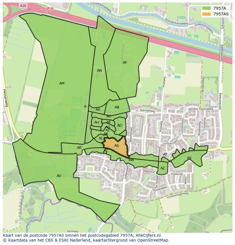 Afbeelding van het postcodegebied 7957 AS op de kaart.