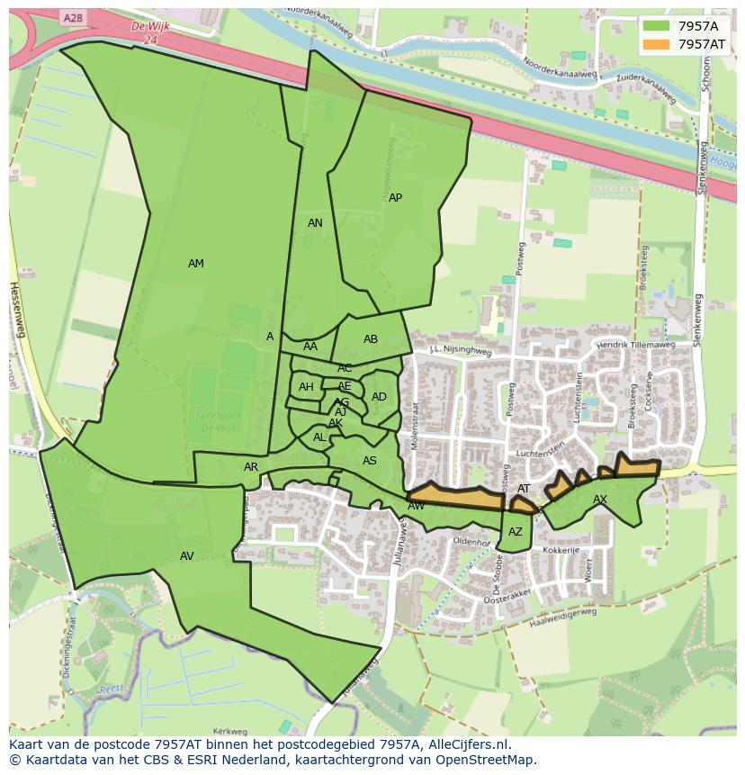 Afbeelding van het postcodegebied 7957 AT op de kaart.
