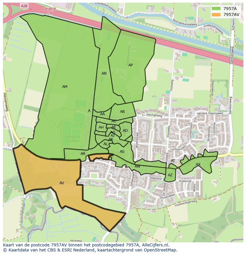 Afbeelding van het postcodegebied 7957 AV op de kaart.
