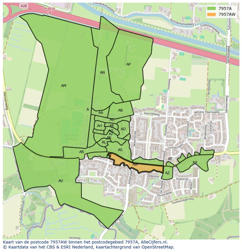 Afbeelding van het postcodegebied 7957 AW op de kaart.