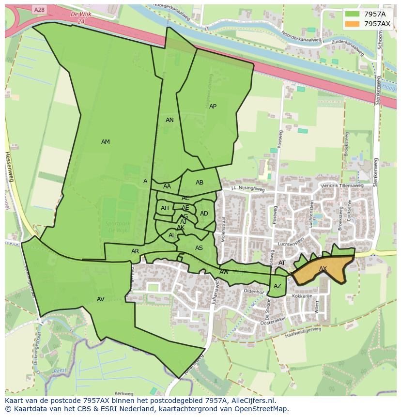 Afbeelding van het postcodegebied 7957 AX op de kaart.
