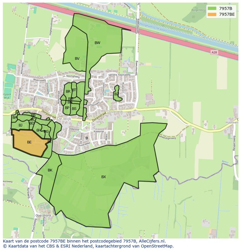 Afbeelding van het postcodegebied 7957 BE op de kaart.