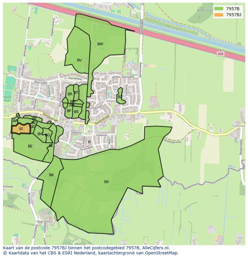 Afbeelding van het postcodegebied 7957 BJ op de kaart.